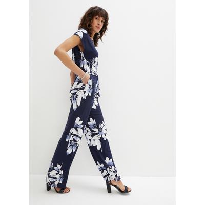 Jumpsuit BONPRIX "Jumpsuit mit Bindeband", Damen, Gr. 48/50 (XL), K-Gr, blau (dunkelblau, weiß geblümt (kurz)), Obermaterial: 95% Polyester, 5% Elasthan, bequem, Overalls Jumpsuit, für eleganten Look, mit Bindeband zur Taillenanpassung