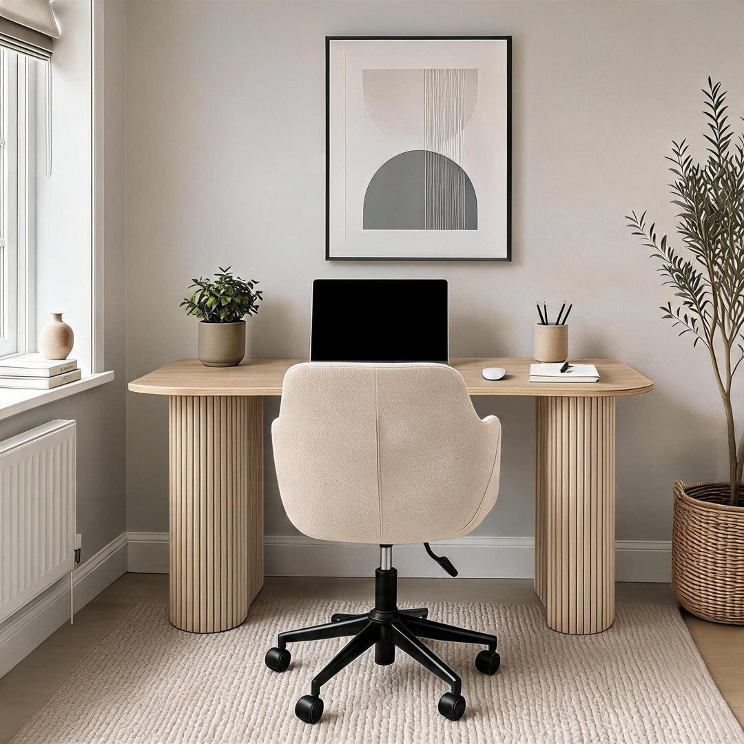 17 Stories Monroe 2 Piece Computer Desk Office Set with Chair Natural with Beige Chair