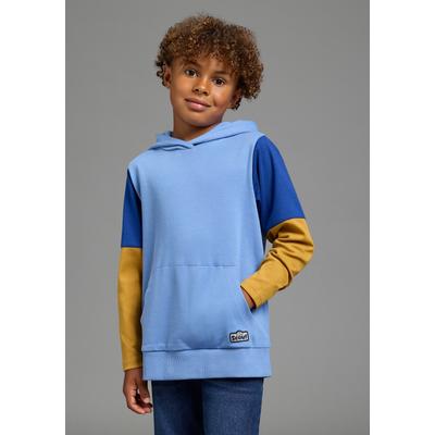 Kapuzenshirt SCOUT "Shirt in colorblocking Design - NEU von SCOUT", Jungen, Gr. 104/110, blau, beige, Interlock, Obermaterial: 100% Baumwolle, bedruckt, Basic hüftlang, abgesteppte Kante, Shirts Kapuzenshirt, Kapuzenshirt mit kontrastfarbigen...