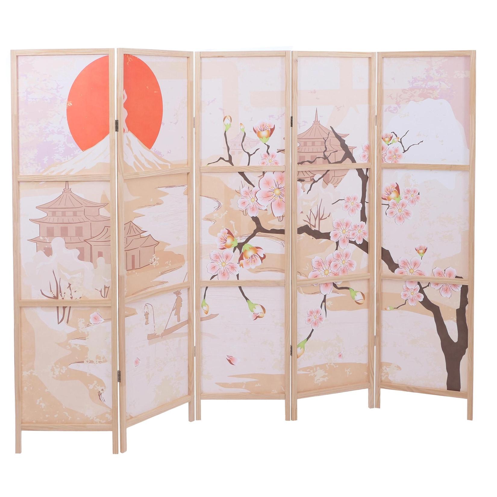 Paravent MCW-O70, Trennwand Sichtschutz Raumtrennung Naturmotive Holz MVG Polyethylen 170x227cm ~ Kirschblüten
