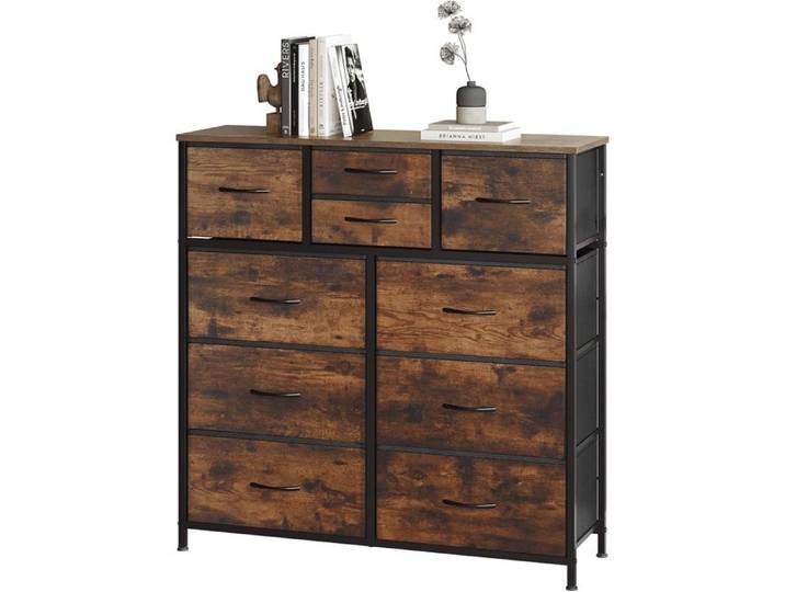 WOLTU Commode Meuble à 10 Tiroirs en Tissu Cadre en Métal Plateau en Bois d'Ingénierie Marron Rustique+Noir W0ITT0114