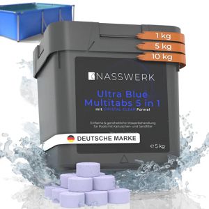 NASSWERK Chlor organisch, langsamlösliche Ultra Blue Multitabs, für Pool und Whirlpool, 90 % Chlorgehalt, 250x 20 g,Eimer 5 kg