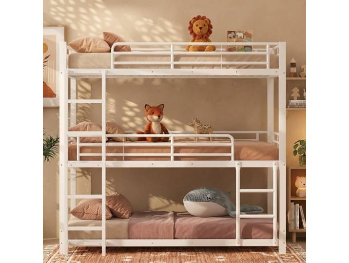 Lit Superposé Enfant 90x200 Lit Superposé 3 Places pour Triple Adolescents Adultes Cadre de Lit en Métal blanc - Certifié EN747