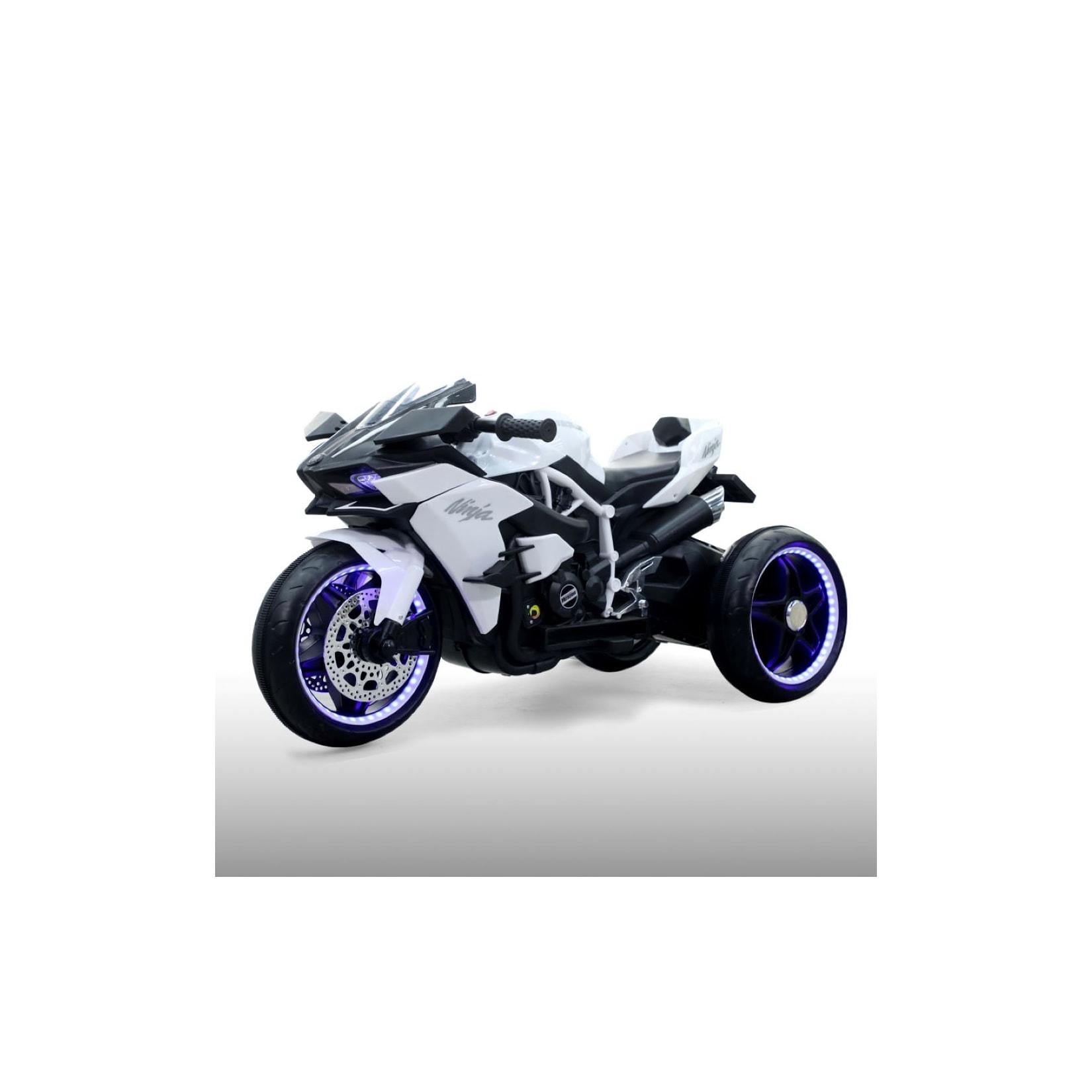 Moni Kinder Elektromotorrad Ninja, drei Kunststoffräder, LED-Beleuchtung, Mp3 weiß