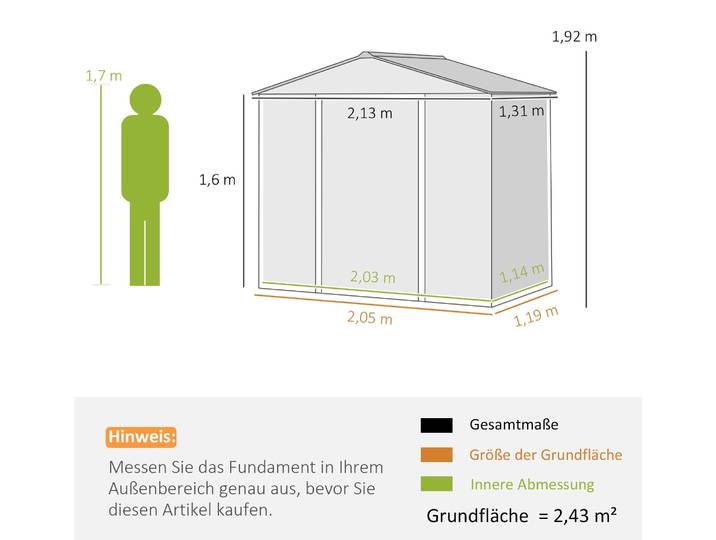 Outsunny Verzinkter Stahl Gerätehaus 2,43㎡ 213x131x192cm Geräteschuppen Grau
