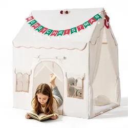 VEVOR Spielhaus Kinderzelt Spielzelt 2-in-1 Bettzelt 1250x1100x1400mm Beige, Kinderspielhaus für Kleinkinder, Rahmen aus Holz, mit Gepolsterter Matte, Sternenlichtern, Pompons & Atmungsaktivem Fenster
