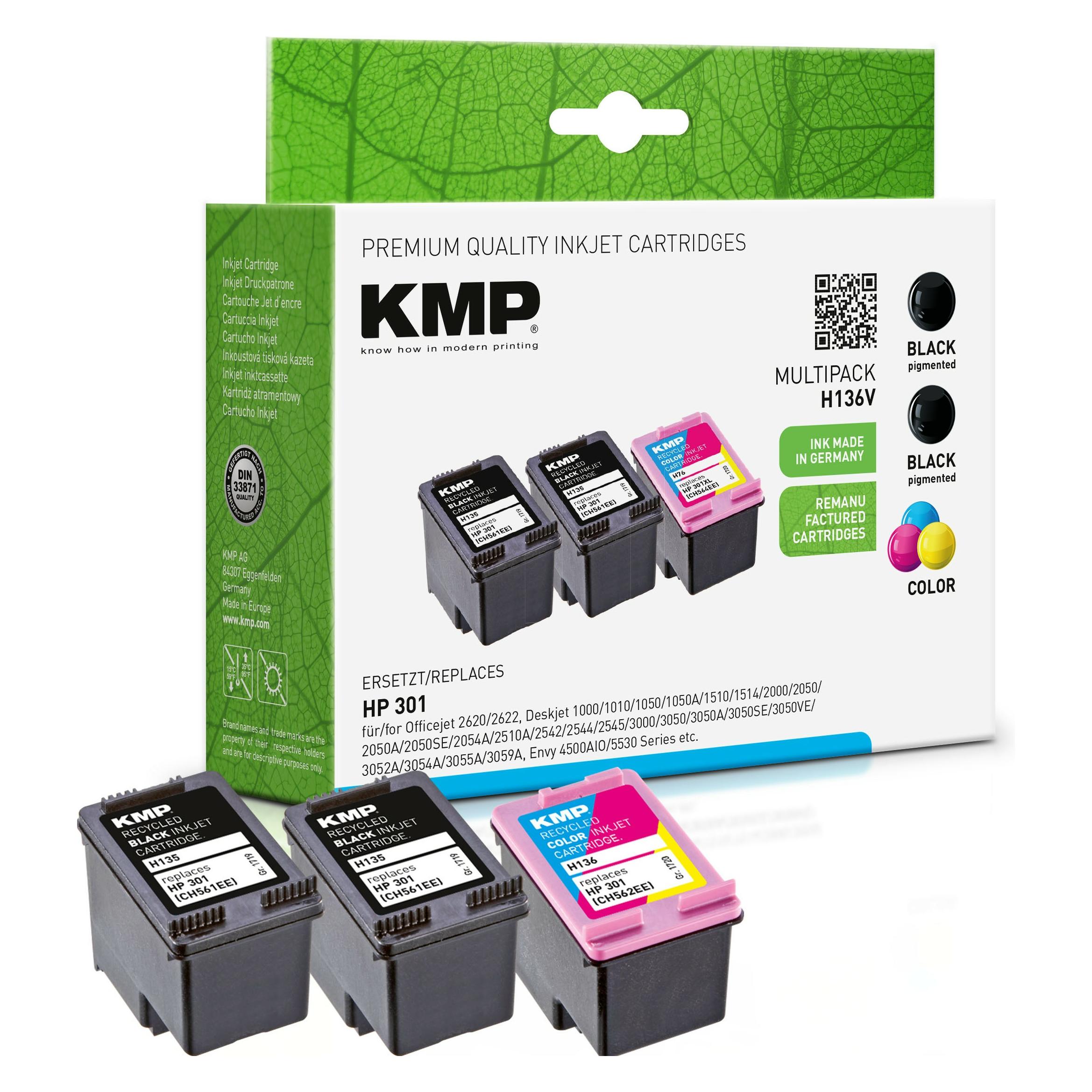 KMP 3 H136V schwarz, color Tintenpatronen ersetzen HP 301 E5Y87EE (BK) (1719,4855)