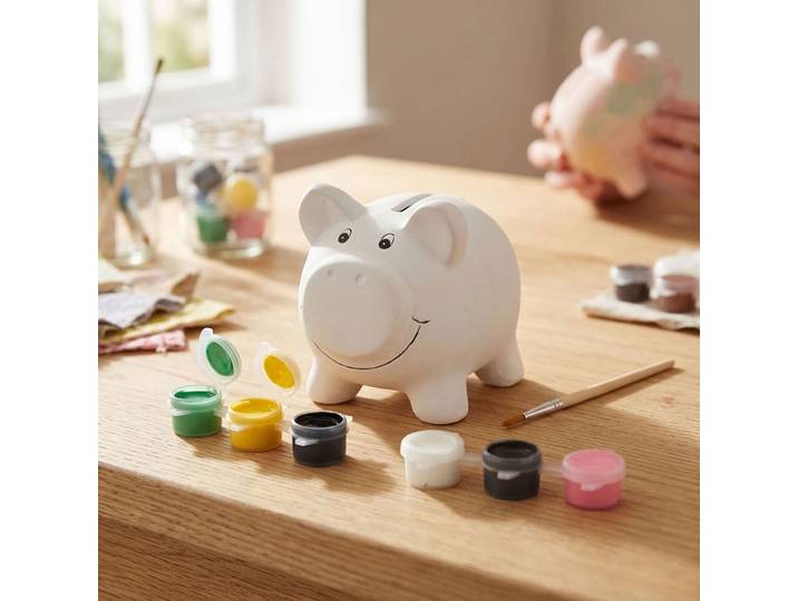 Keramik-Sparschwein zum Bemalen, H11 cm mit 6 bunten Farben