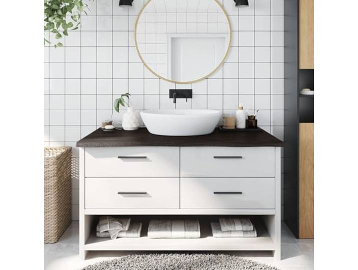 KPOTUERTU Waschtischplatte Dunkelbraun 100x60cm Massivholz Eiche Naturkante Handgefertigt, geölte Oberfläche, vielseitig als Regal oder Tisch nutzbar, natürliche Unikate