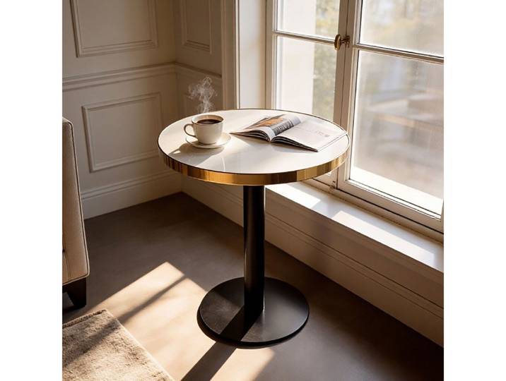 OKWISH Couchtisch Sofatisch (runder Beistelltisch), mit Edelstahlrahmen und Tischplatte in Marmoroptik