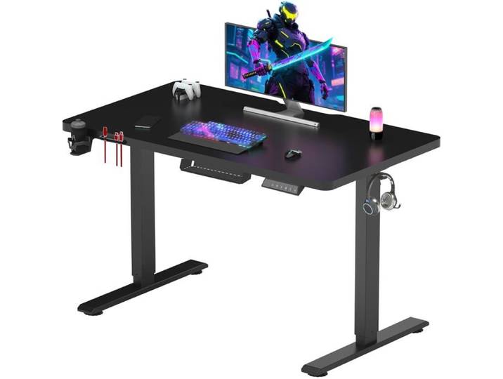SANODESK Bureau Assis Debout Gaming Réglable en Hauteur 110x54 cm Table Gamer Électrique Contrôle avec Crochet Noir