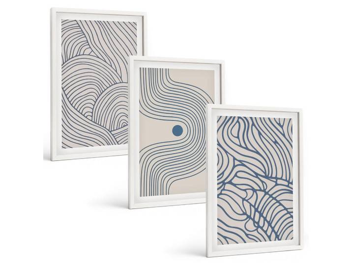 Tulup Bilder SET 3er Set - 40x60 cm Weißer Rahmen - Abstrakte Linien, Wellenformen, Kunststoff, Rechteckig, 40x60 cm, gerahmt, Bilder & Rahmen, Bilder