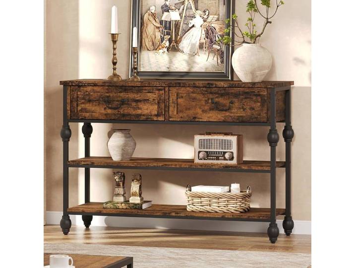 Console 41″ 2 tiroirs industriel deux étagères exposition marron salon couloir table latérale