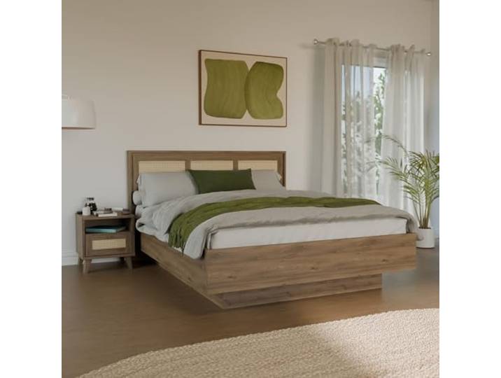 Forte GLENKEEN Bett, Liegefläche 160 x 200 cm, Bettgestell im Bohostil mit Rattangeflecht, Stauraum, Holzwerkstoff, Valencia Eiche Holzdekor Naturrattan, 169,9 cm breit x 105,5 cm hoch x 204,9 cm tief