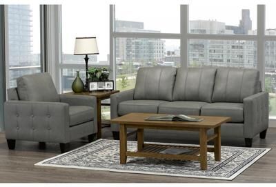 Roy Mid Century Modern Grey Top Grain Italian Leather Tufted Sofa and Chair
