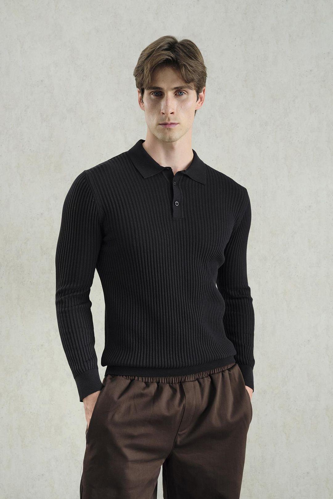 Slim Fit Polo-Kragen Knopf Langarm T-Shirt