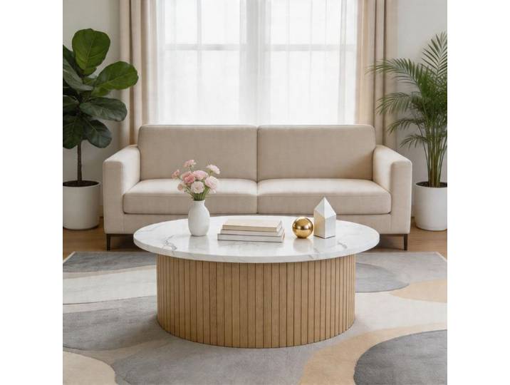 Table basse - Paire grande+petite - MDF - Plateau marbre et bois - 60x60x38 cm