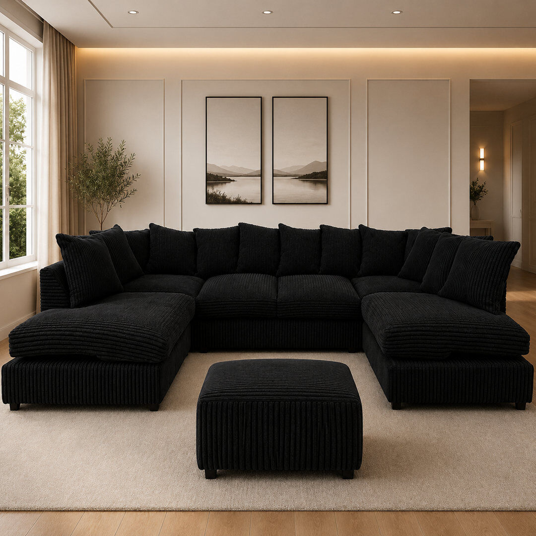 Latitude Run 5 Seater Corduroy Corner Sofa Black 90cm H X 275cm W X 167cm D