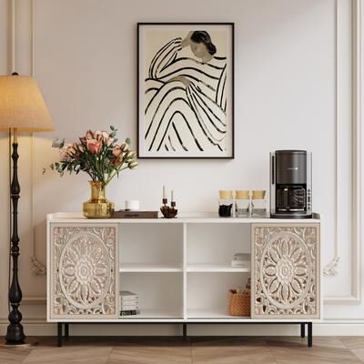 GDFStudio - Sicotas Mid-Century Rustic Wood Sideboard Cabinet with Sliding Doors and Shelves