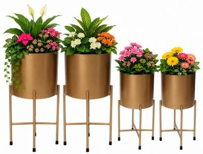 Uniquewise Set of 4 Decorative Modern Gold Metal Cylinder Floor Flower Planter Holders with Stand, 22 inches and 18inches Tall