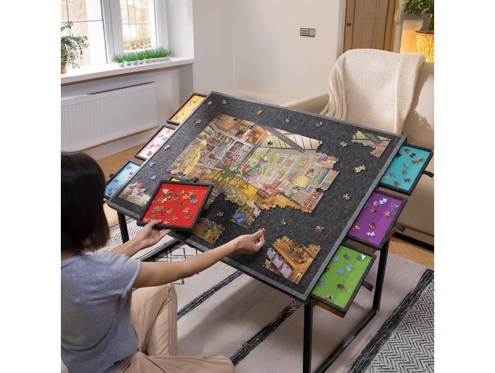 Table de puzzle inclinable et pliable de 2000 pièces avec 8 tiroirs colorés et couvercle, table de puzzle portable avec rangement pour adultes