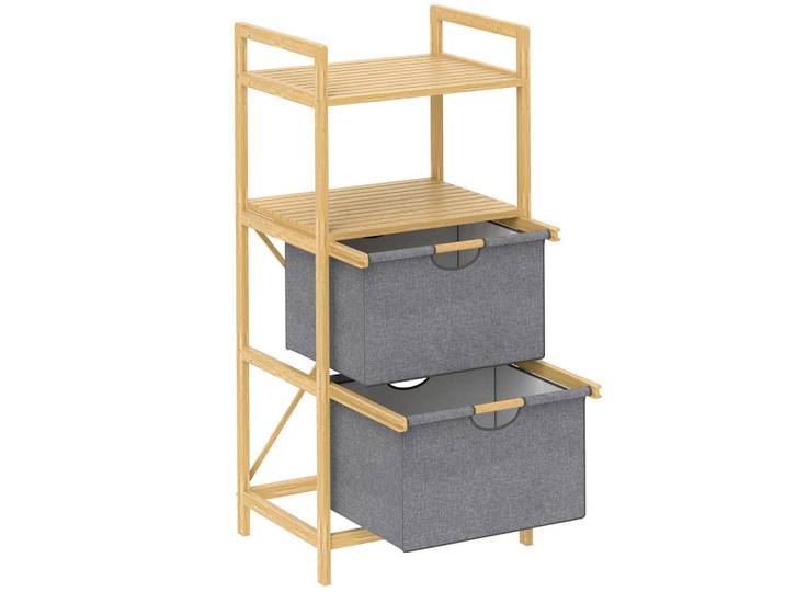 ComfortXL Wäscheregal De-09403 2 Stoffkörbe & offene Ablagen Naturholz, Naturfarben, Naturmaterialen, 34x96x44 cm, Haushalt & Reinigung, Wäschepflege, Wäschekörbe & Wäschetonnen