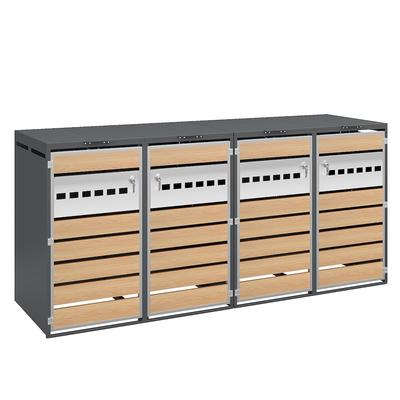 MODFU Mülltonnenbox aus verzinktem Stahl in Grau/Holzoptik, 4 Fächer, abschließbar, mit hydraulischem Klappdeckel