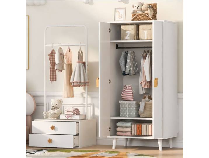 WUVRIE Armoire de chambre enfant 2 portes 2 tiroirs blanc MDF pieds surélevés poignées étoile