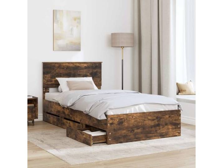 KTHLBRH Bett mit Schubladen, Eichengrau, 100 x 200 cm Technisches Holz, 6 versteckte Schubladen, feste Leisten, quadratische Beine, einfache Reinigung