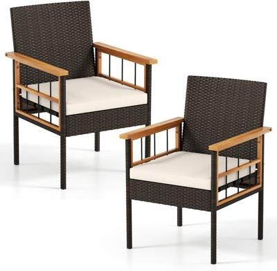 Costway Patio Dining Chairs Set of 2 with Soft Cushions-White