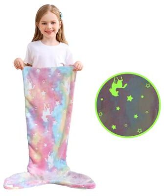 Tiny Tots Teens Trends Super Soft Glow In The Dark Flannel Mermaid Tail Blanket, Cartoon Rainbow Unicorn Design, Perfect Gifts For Girls pink Unicorn