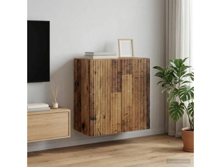 Wandschrank 59 x 31 x 60 cm Holzwerkstoff Altholz mit USB-LED-Leuchten Fächer, Schublade, Regal, USB-LED-Leuchten, abschließbare Rollen, Holzwerkstoff, Altholz-Optik, platzsparend