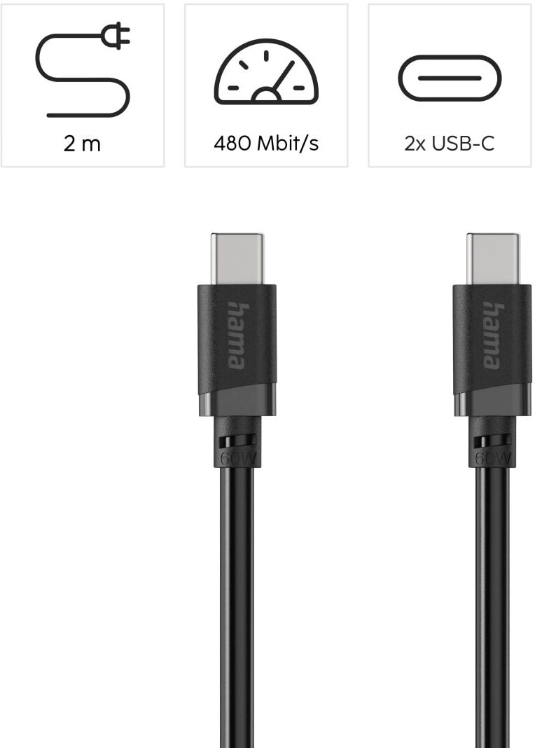 Hama USB-Kabel "USB-C Ladekabel 2 m schwarz", schwarz, 200cmcm, Kabel, Schnellladen, 480 Mbit/s, 60 W Leistung, breite Kompatibilität, USB-Kabel