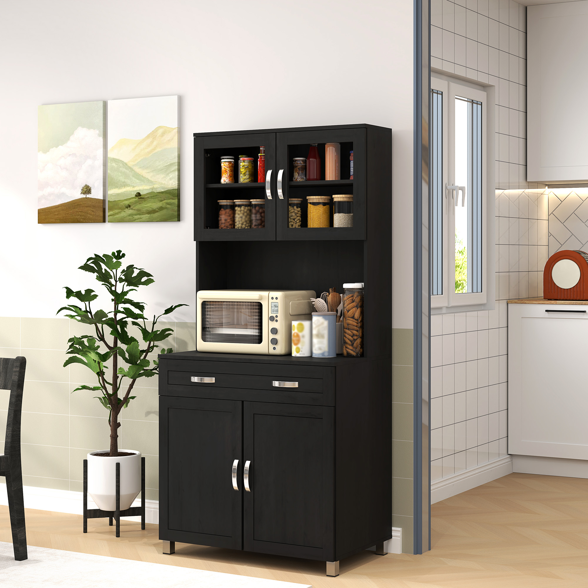 Homcom Buffet alto per cucina, armadio da cucina con 4 ante, cassetto, piano di lavoro, ripiani regolabili, 80x48x170cm, nero   Aosom Italy