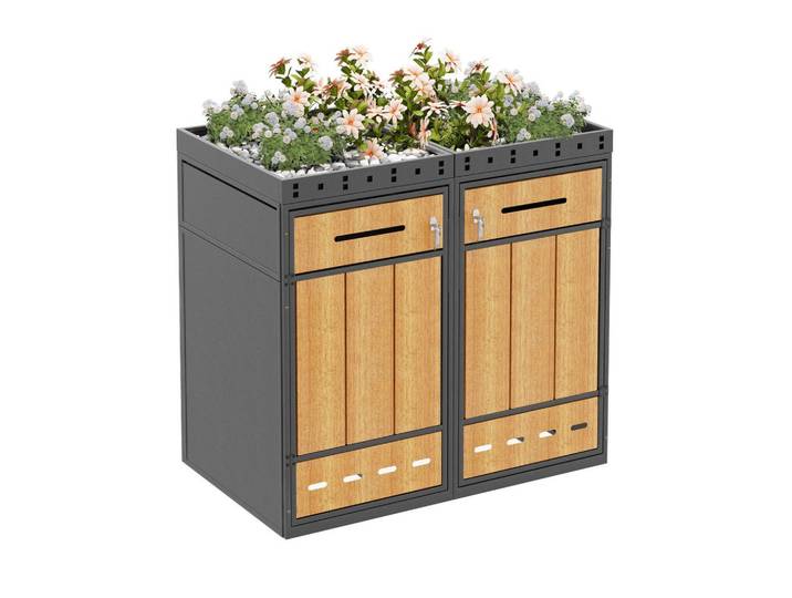 Modfu Mülltonnenbox aus Stahl in Grau Holzoptik mit Pflanzdach & Abfalltrennung, Metall, 132x124x80 cm, Gartenzubehör, Mülltonnenbox