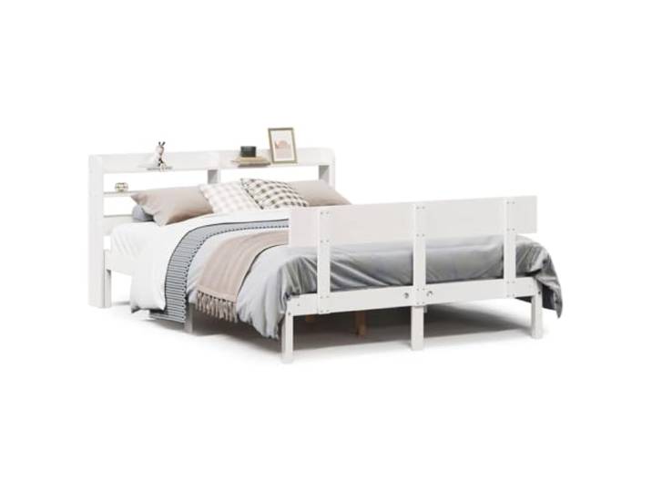 PUGYNBK Bett aus Kiefernholz, Weiß, 150 x 200 cm, ohne Matratze Kopfteil mit 2 Einlegeböden, Leisten inklusive, Massivholz, Landhausstil