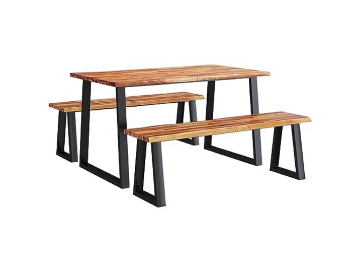 HKQWPBF 3-TLG. Essgruppe Baumkante Massivholz Akazie Akazien-Massivholz, Baumkante, U-förmige Stahlbeine, industrieller Stil, Esszimmer, Küche