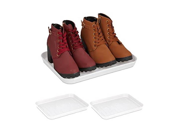 Relaxdays Bacs à chaussures\, lot 3\, supports pour souliers mouillés\, HxLxP: 3 x 35 x 27 cm\, plateaux plastique\, blanc