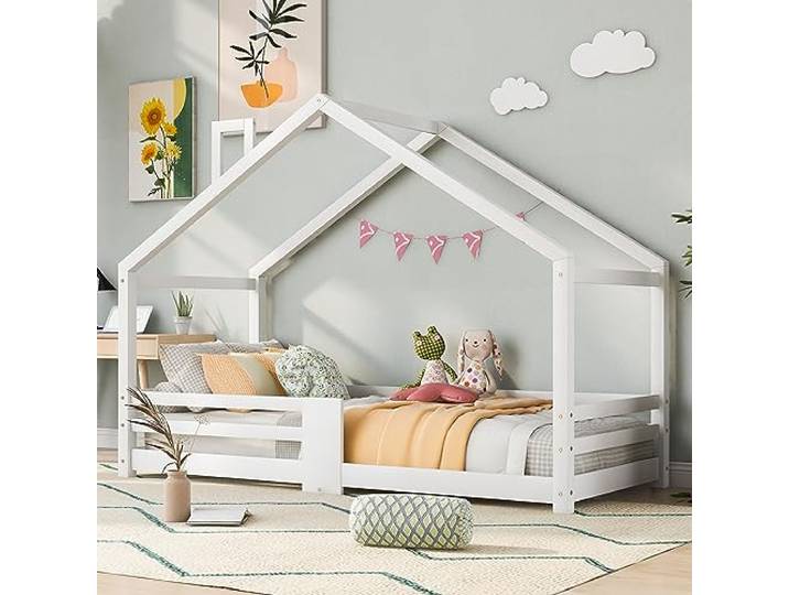 Kayan Kinderbett Hausbett mit Schornstein Rausfallschutz Robuste Lattenroste Kiefernholz Haus Bett für Kinder, 90 x 200 cm (Weiß)