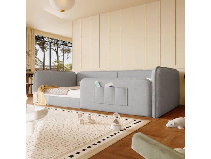 LIT - PAGE LIVING - Lit plateforme 90x200 - Rembourré lin gris - Poches latérales - Bords matelassés