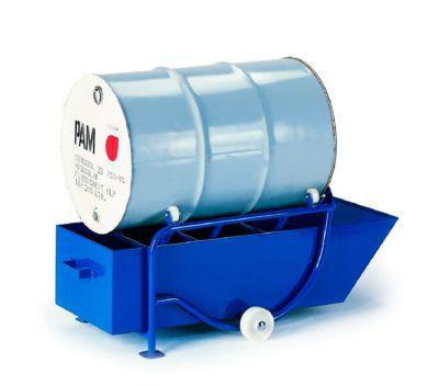 Fasskippbock 200 l, mit 2 Standfüßen und Ölauffangwanne, Fassauflage: 4 Polyamidrollen