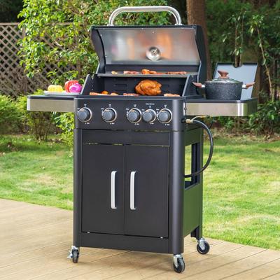 MAISON ARTS 4-Burner Propane Gas BBQ Grill with Side Burner & Porcelain-Enameled Cast Iron Grates