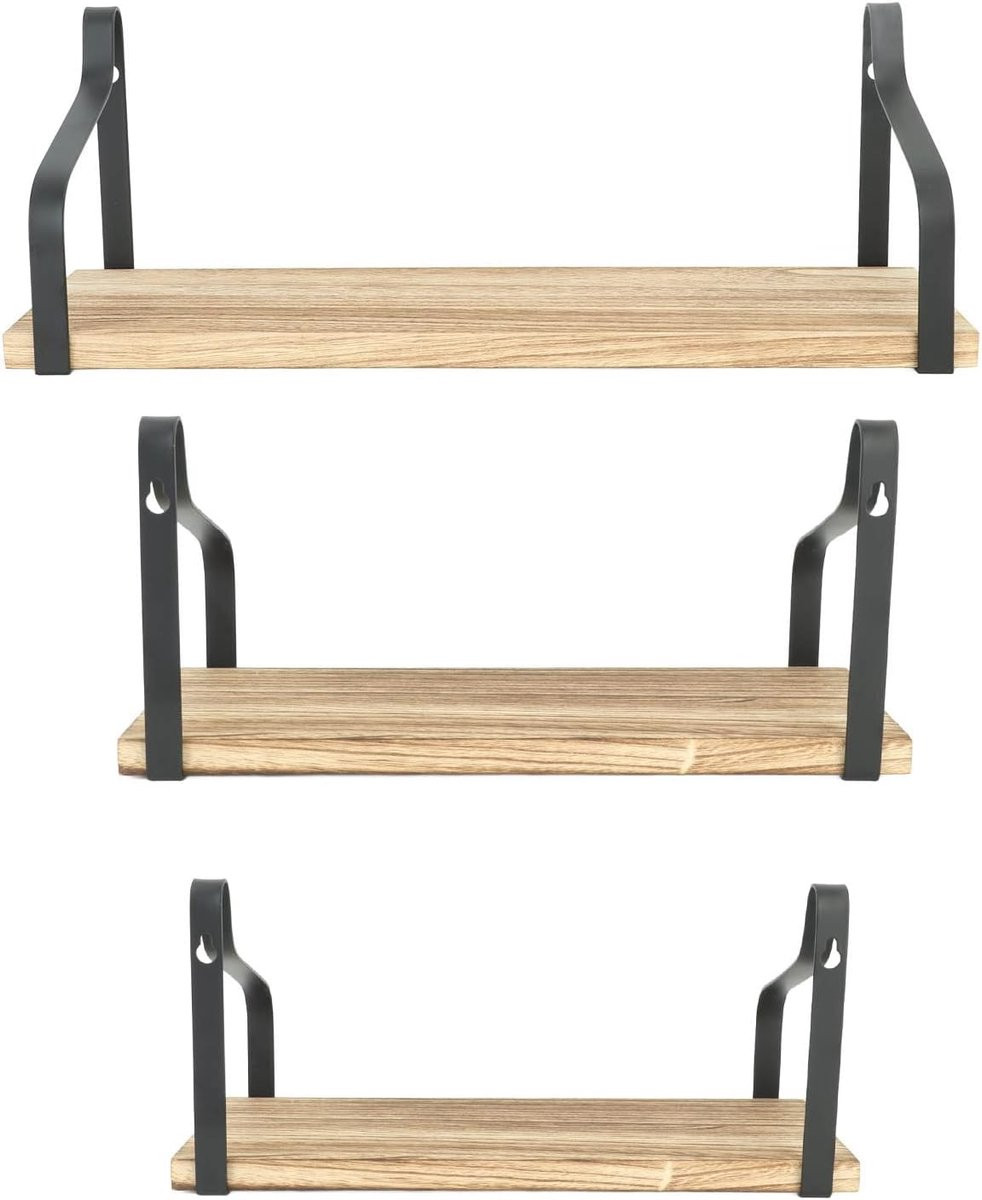 Set van 3 rustieke houten drijvende wandplanken met drie-laags design