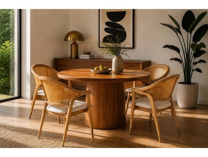 Vintagehaus Armlehnstuhl Esszimmerstuhl Aureo Mid-Century Massivholz Rattan