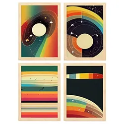 POSTER Set mit 4 Abstrakt Spiral Moderne Galaxien A3 Rahmen aus hellem Holz