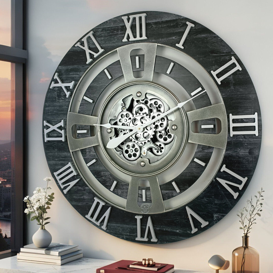 The Gears Clock Solid Wood Wall Clock Vintage Black Large 61cm