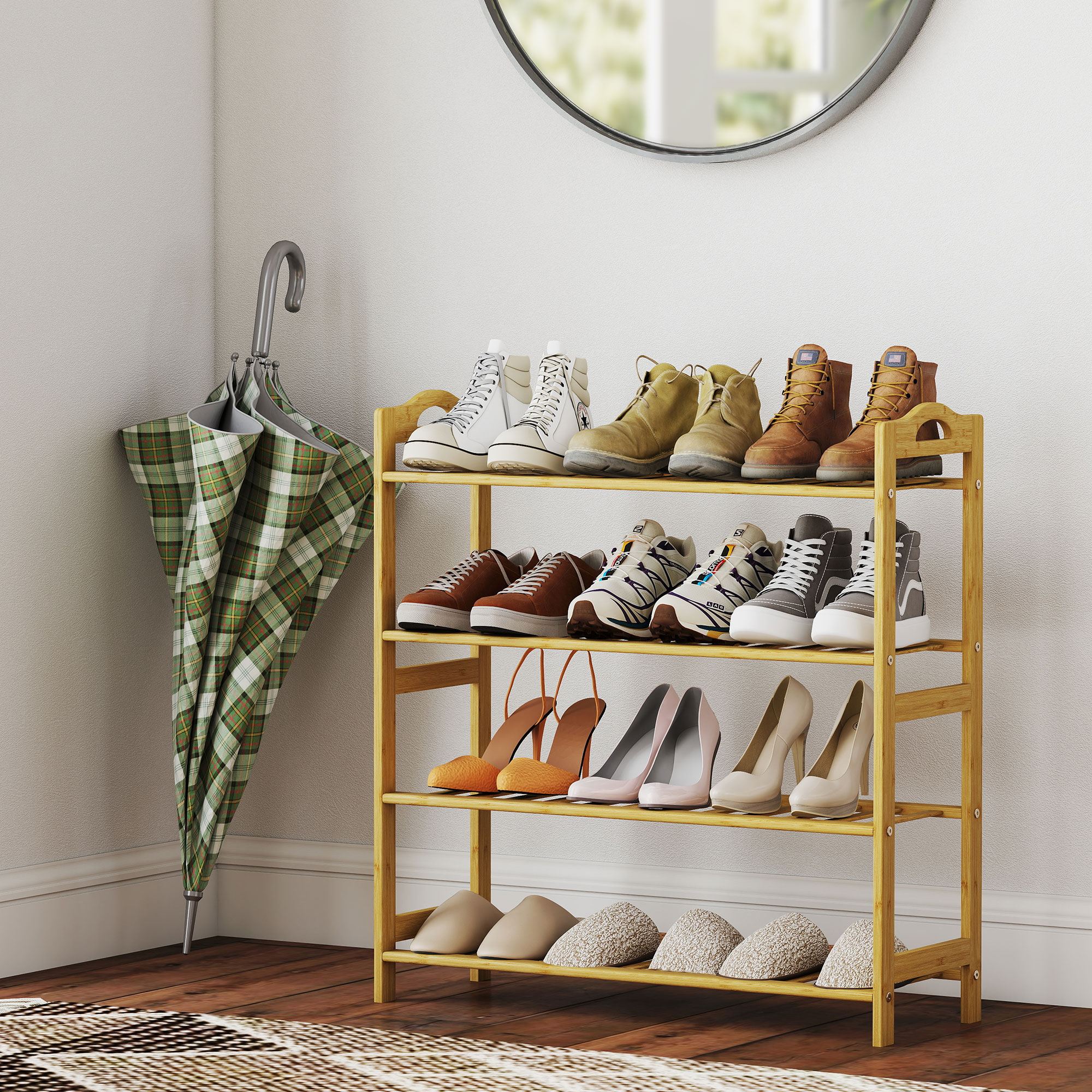 Homcom Scaffalatura porta-scarpe in bambù a 4 livelli porta-scarpe capacità 12 paia, 67,5 x 24,7 x 72 cm, effetto legno naturale   Aosom Italy