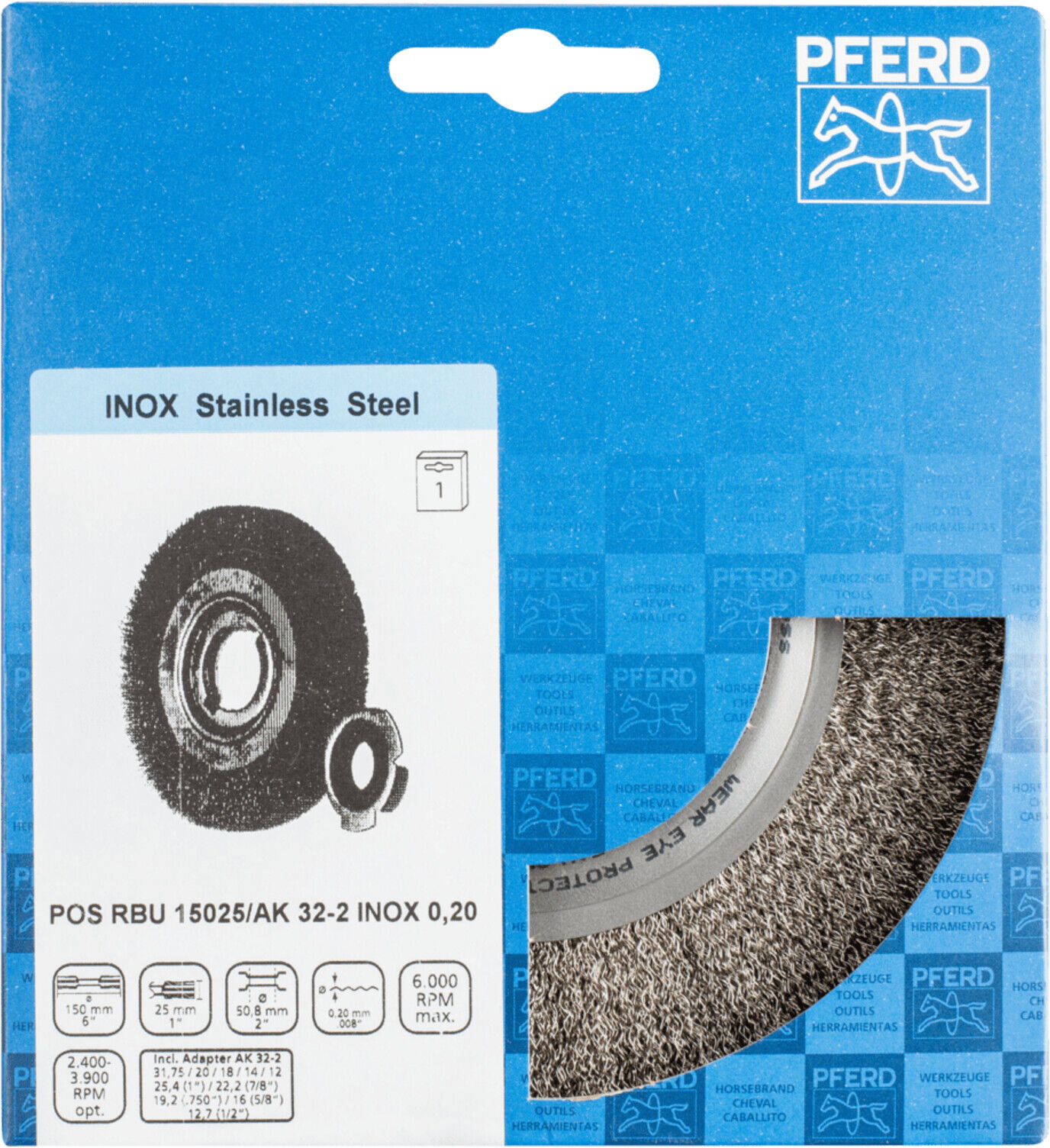PFERD TOOLS Rundbürste breit ungezopft RBU Ø150x25xvariable Bohrung Edelstahl-Draht-Ø0,20 Schleifbock (43701206)