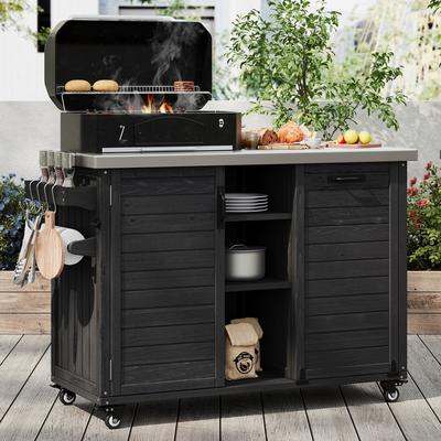 "78.3"" Outdoor Kitchen Island Grill Table with Trash Can Storage and Stainless Steel Top"