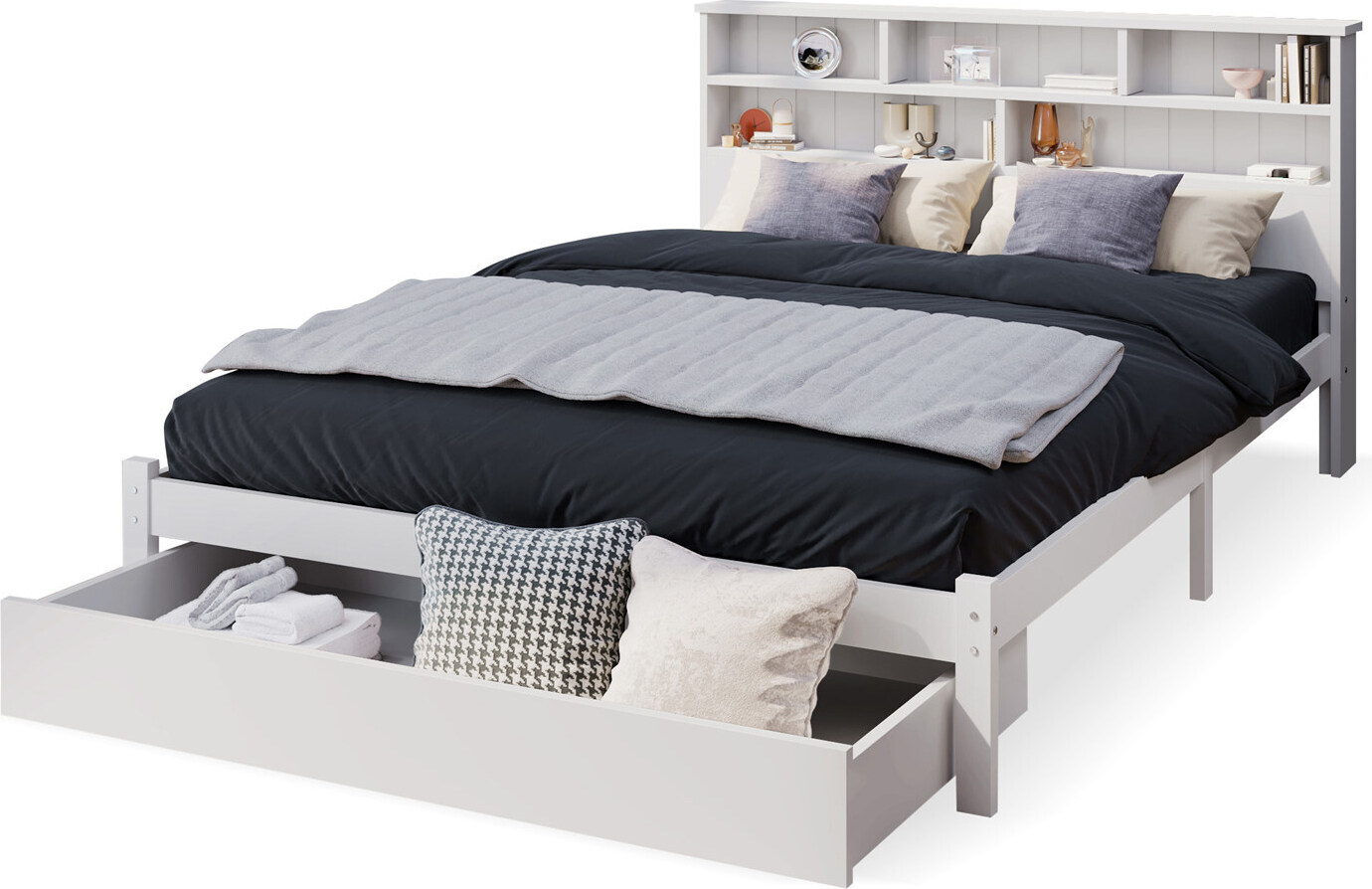 Massivholz Kinderbett(140x200cm,Weiß)mit Schubladen und Lattenrost, Bücherregal Jugendliche und Erwachsene Kinderbett